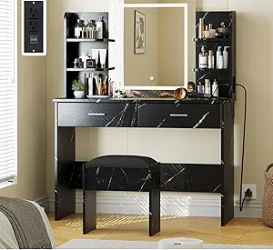 GarveeHome Vanity Desk with Mirror and Lights, Makeup Vanity Set w/Desk and Stool, Power Outlet, Vanity Table w/6 Storage Shelves, 2 Large Drawers and 3 Color Adjustable Brightness (Marble-Black)