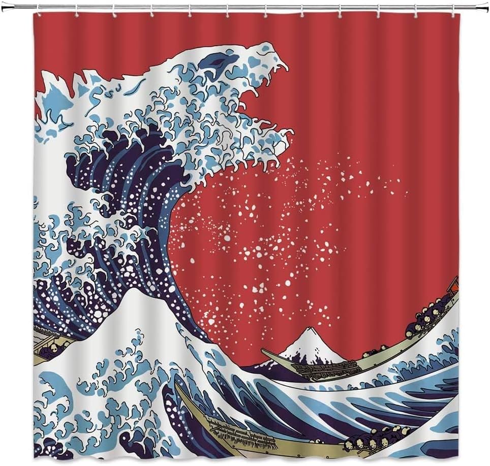 Miniatura 3 de Hokusai Great Wave Cortina de ducha, japonesa Gran ola de Kanagawa como Godzilla Ocean Boat Japón Monte Fuji para niños tela de baño decoración