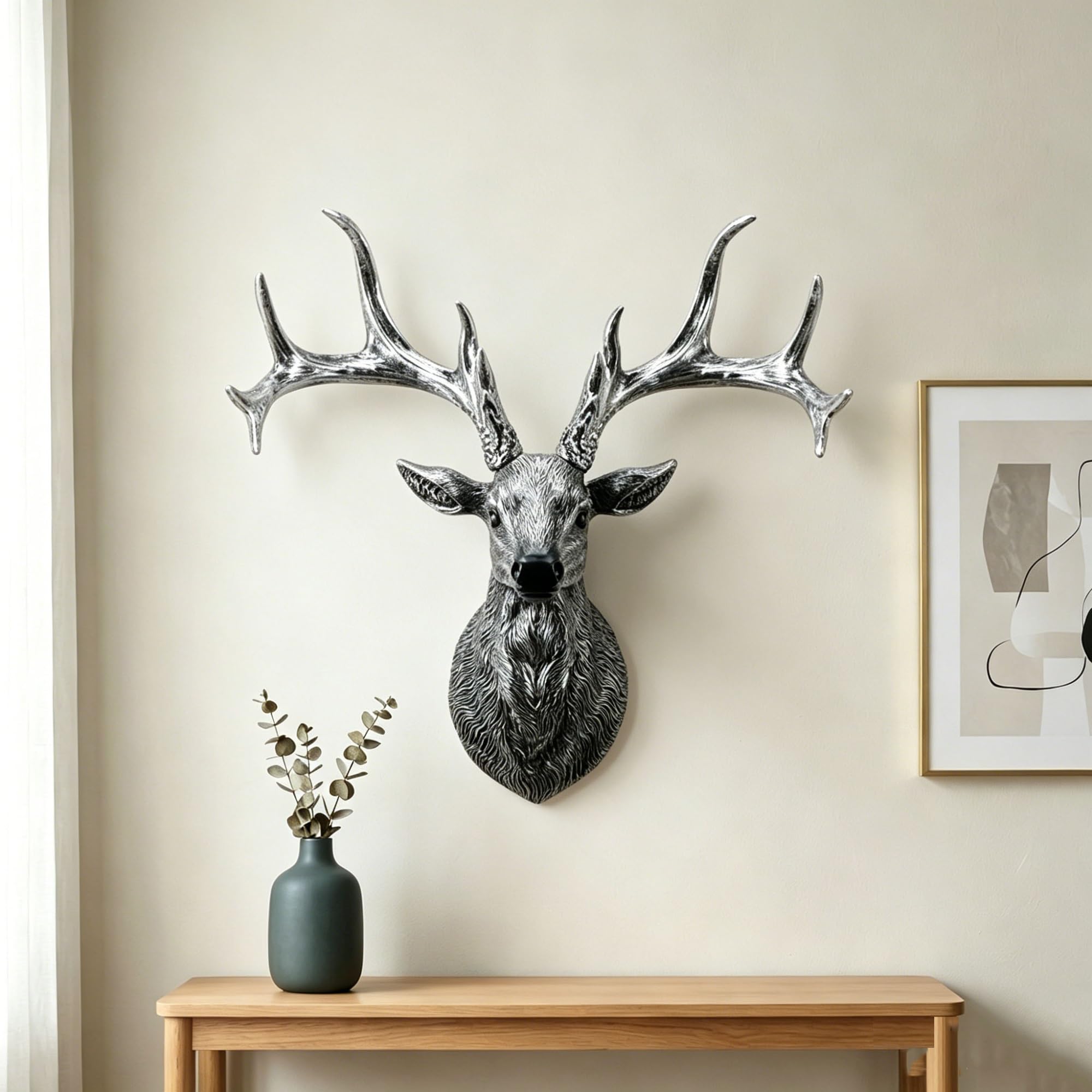 OEPCHEFACX Faux Deer Head Wall Decor with Detachable Antlers,Resin Stag Head Statue Animal Wall Mount Sculpture for Living Room, Gallery, Office Home Decoration,Animal Wall Decor(Silver)