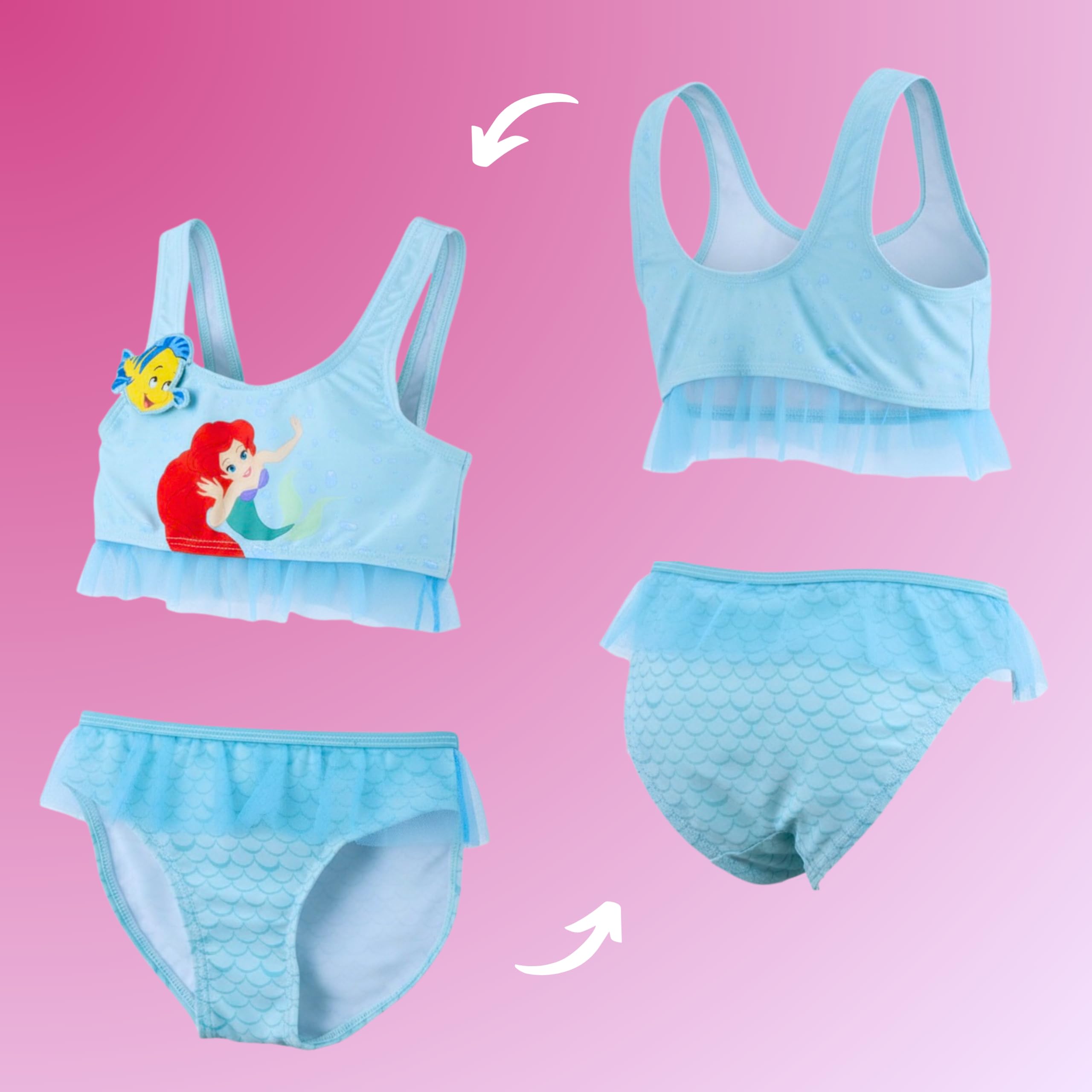 Disney Princesas Bikini para Niña, Diseño Ariel Flounder Purpurina Bañador de Dos Piezas Verano Infantil, Tallas 3 a 8 Años