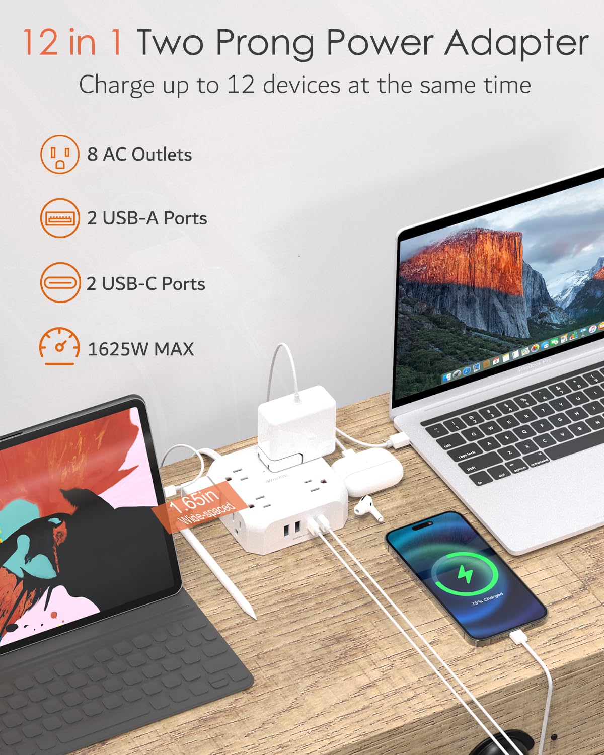 WRXDMC - Regleta de alimentación de 2 clavijas a 3 clavijas, adaptador de salida de 1400J de dos clavijas, cable de extensión de 5 pies, 8 salidas de CA con 2 puertos USB C y 2 puertos USB A, montaje