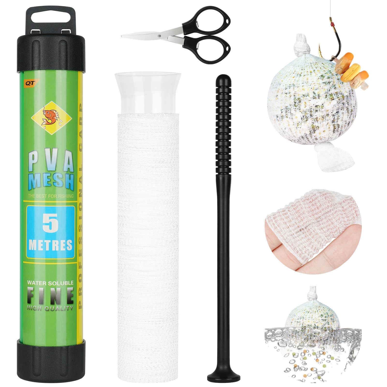 OFFCUP 5m Pêche Sacs Filet Bait avec Ciseaux, Filet de Pêche Soluble dans l'eau PVA,18mm 25mm 37 mm de Large, Accessoires de pêche à la Carpe Recharge avec Entonnoir et Piston Mesh pour Appâts