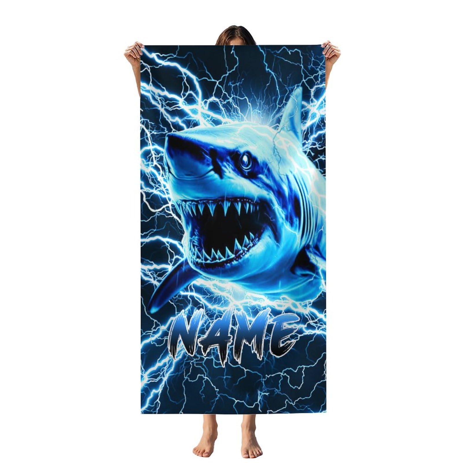 CUSTOMJOY Boys Beach Towel, Microfiber Shark Bath Towel with Personalized Name for Men Kids Adults, 40”x70” Lightweight Quick Dry Beach Essential for