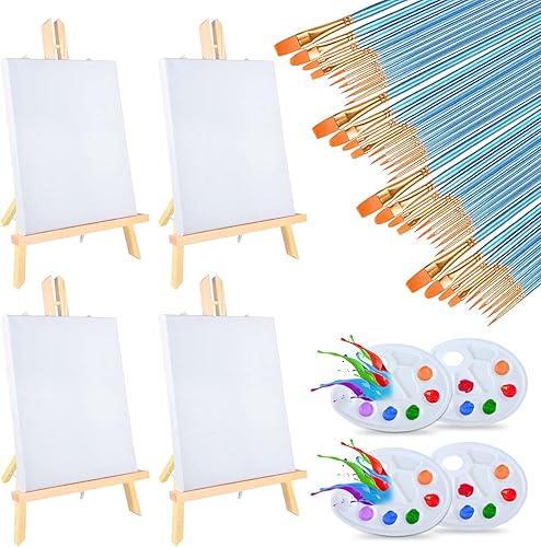 Juego de caballete y lienzo, 52 piezas de suministros de pintura (4 caballetes + 4 lienzos + 40 pinceles + 4 paletas) Caballete de mesa de 16