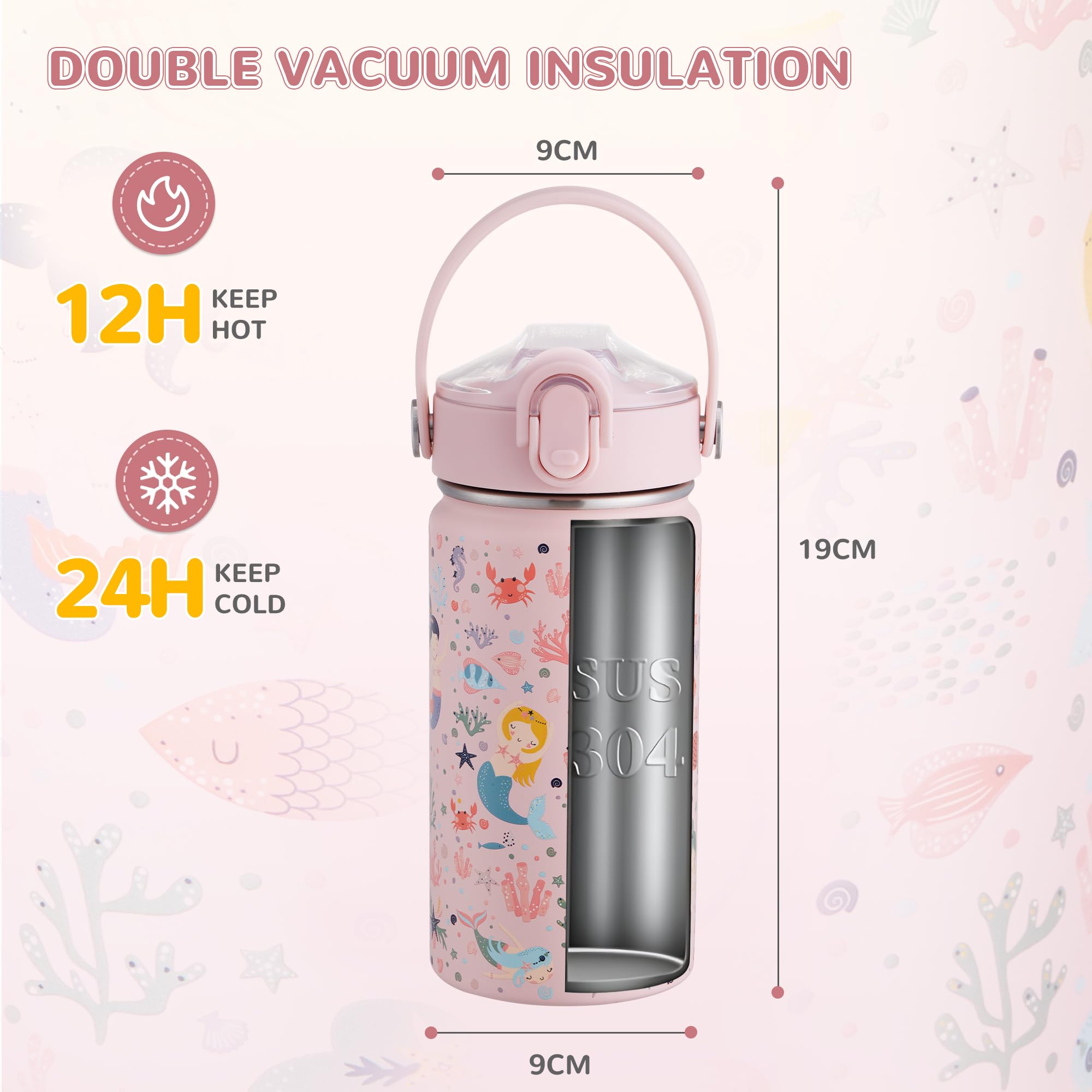Borraccia Per Bambini Autsel 420ml - Acciaio Inox, Senza BPA, Con Cannuccia, Per Scuola