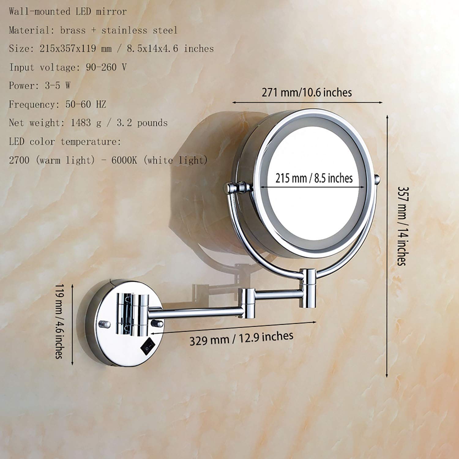 Specchio Trucco Specchio per Il Trucco, Doppio Lato Illuminato 8,5 Pollici 10X LED ingrandito Specchio Moderno con Finitura cromata Lucida