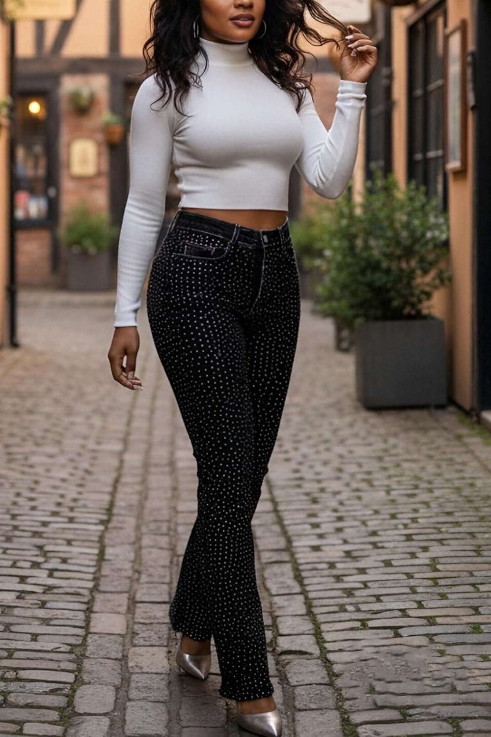 Vakkest Womens Rhinestone Jeans High Waisted Stretch Ripped Skinny Sparkly Denim Pants Slim Fit Butt Sequin Trousers