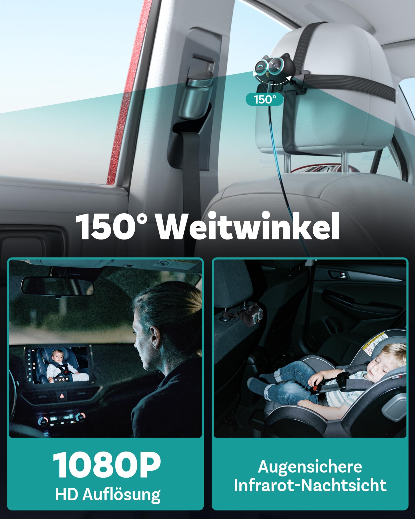 OTTOCAST 2-in-1 Baby Auto Kamera & Wireless CarPlay Adapter, 1080P HD, Echtzeit-Anzeige auf Originalen CarPlay Bildschirm, USB Plug & Play, Nachtsicht & 150° Weitwinkel, für Eltern & Haustierbesitzer