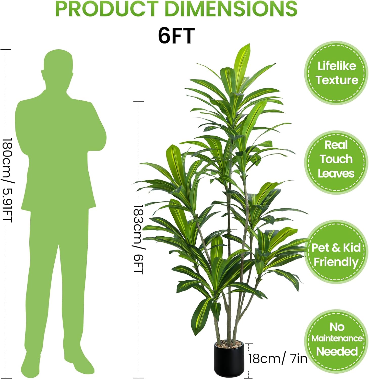 Condition photo showing New/Like New for artificial dracaena tree, 6ft large faux potted plant with real touch leaves & black tall planter, fake floor trees lifelike dracaena plants for outdoor indoor home office living room decor 6 ft black planter