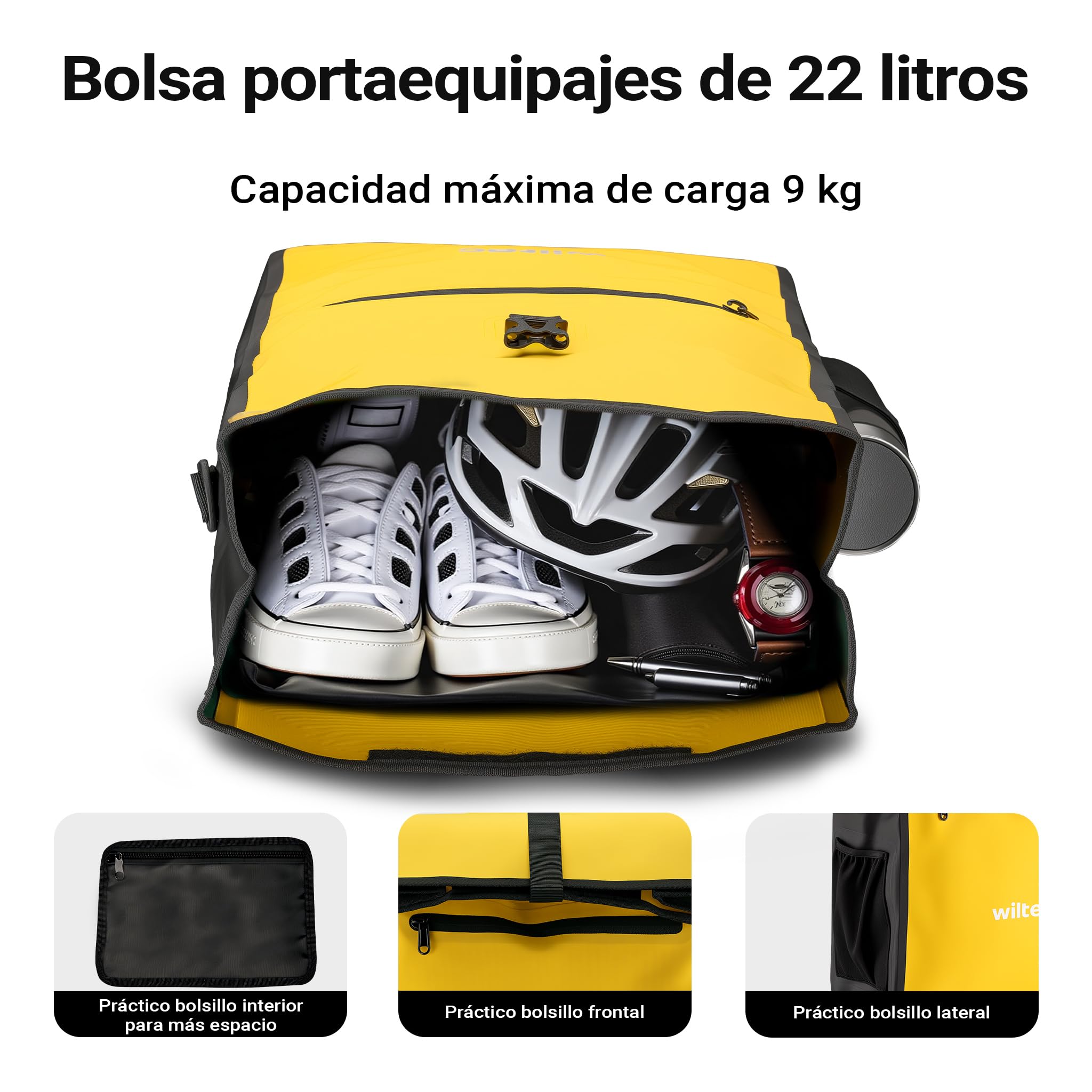 WilTec Bolsa para Bicicleta 22 L Amarilla Impermeable Material PVC y poliéster con Correa Ajustable Uso como Bandolera Ideal para portabultos Traseros Ciclismo Compras excursiones y Transporte Diario