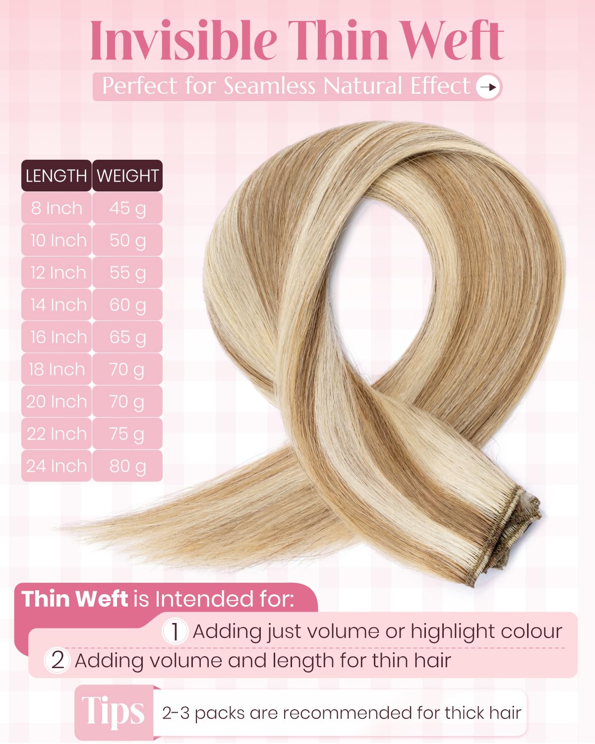 SLEEKALON Hair Extensions Clip in Real Human Hair Remy Highlighted #12/613 Golden Brown Mix Bleach Blonde - Image 4