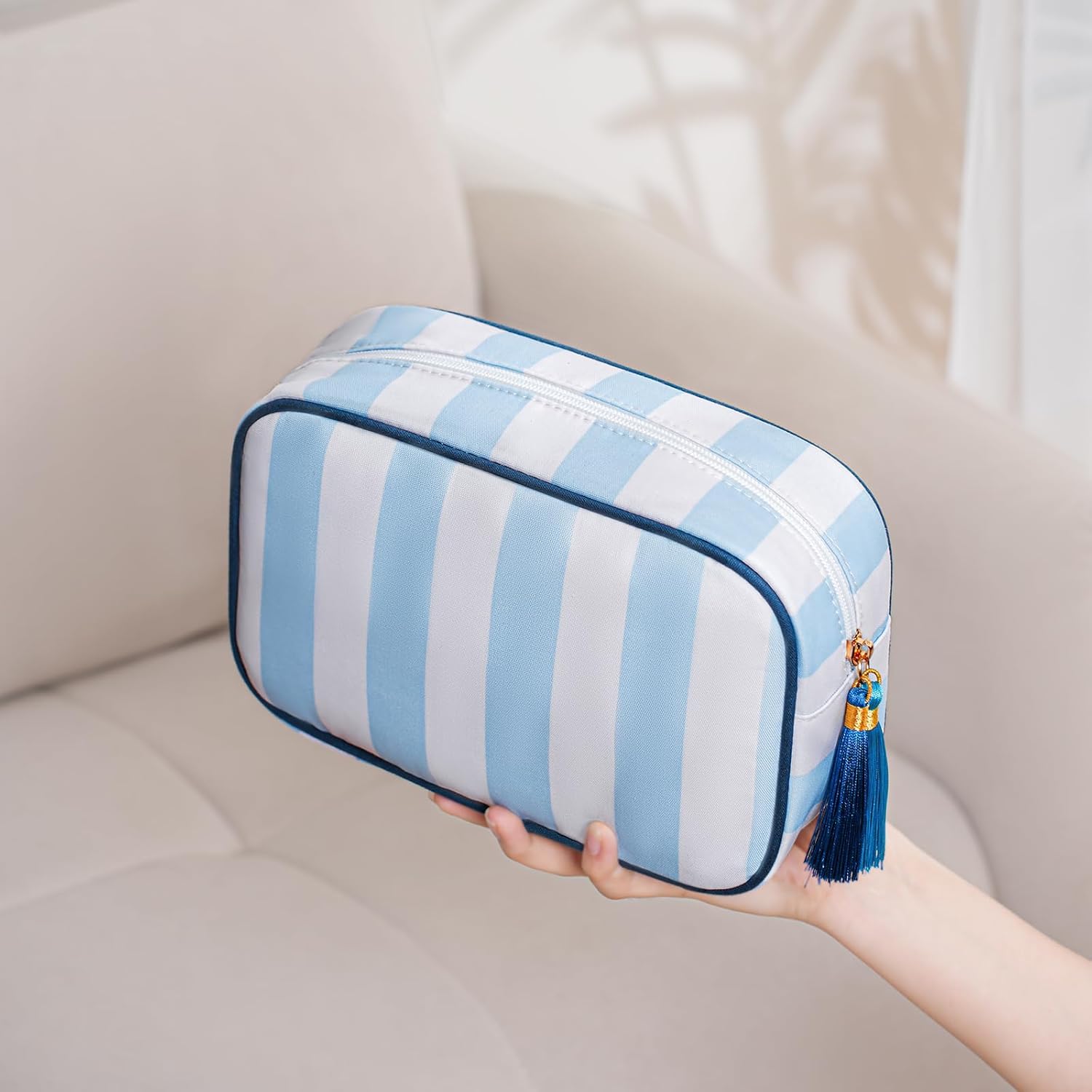 Large Stripe Canvas Zipper Makeup Bag,Aesthetic Tassel Travel Cosmetic Bag,Coquette Toiletry Bag, Girls Handbags Purses,Accessories Storage Bag for Women Girls (Red) - Image 7