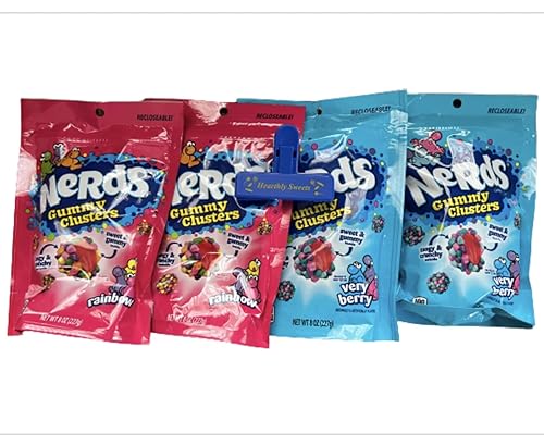 Hearthly Nerds Gummy Clusters - Paquete de 4 unidades en total (bolsas de 8 onzas) con clip para bolsa Hearthly de 8 onzas (paquete de 4)