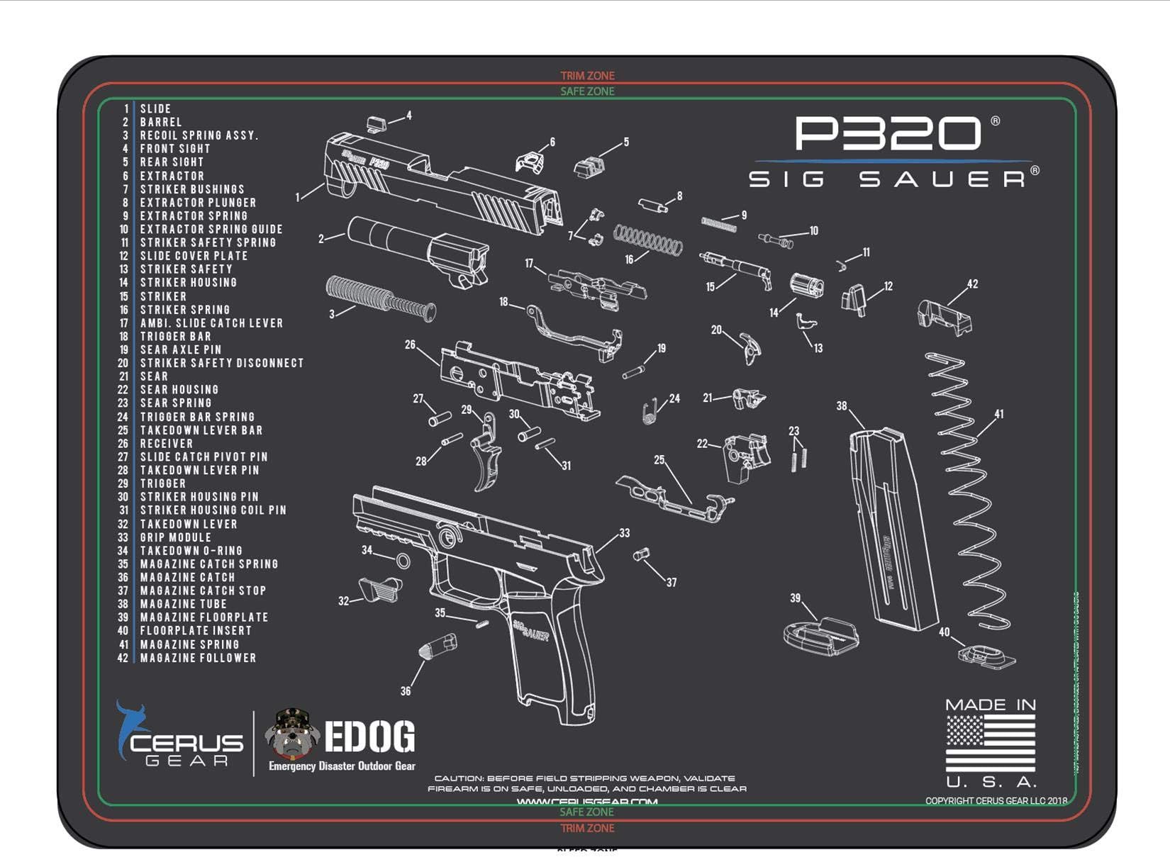 P320 Gun Cleaning Mat - Schematic (Exploded View) Diagram Compatible with Sig Sauer P320 Series Pistol 3 mm Padded Pad Protect Your Firearm Magazines Bench Surfaces Gun Oil Solvent Resistant