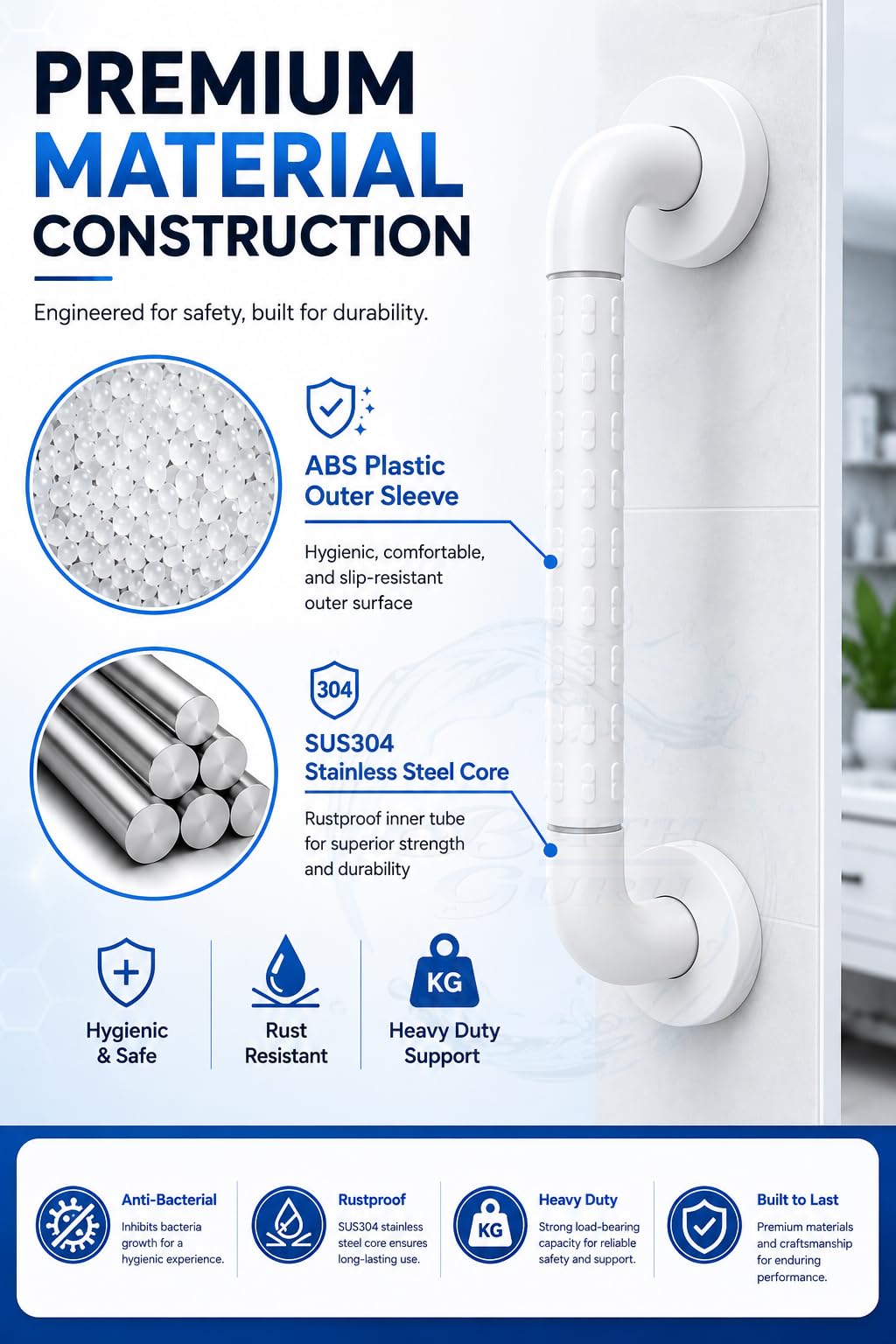 BATH GURU Heavy Duty Grab Bar for Bathroom & Toilet | Anti-Slip ABS Safety Handle for Elderly, Senior Citizens & Disabled with SUS304 Steel Core | Wall Mounted Shower Support Rail (White, 15 Inch) 2