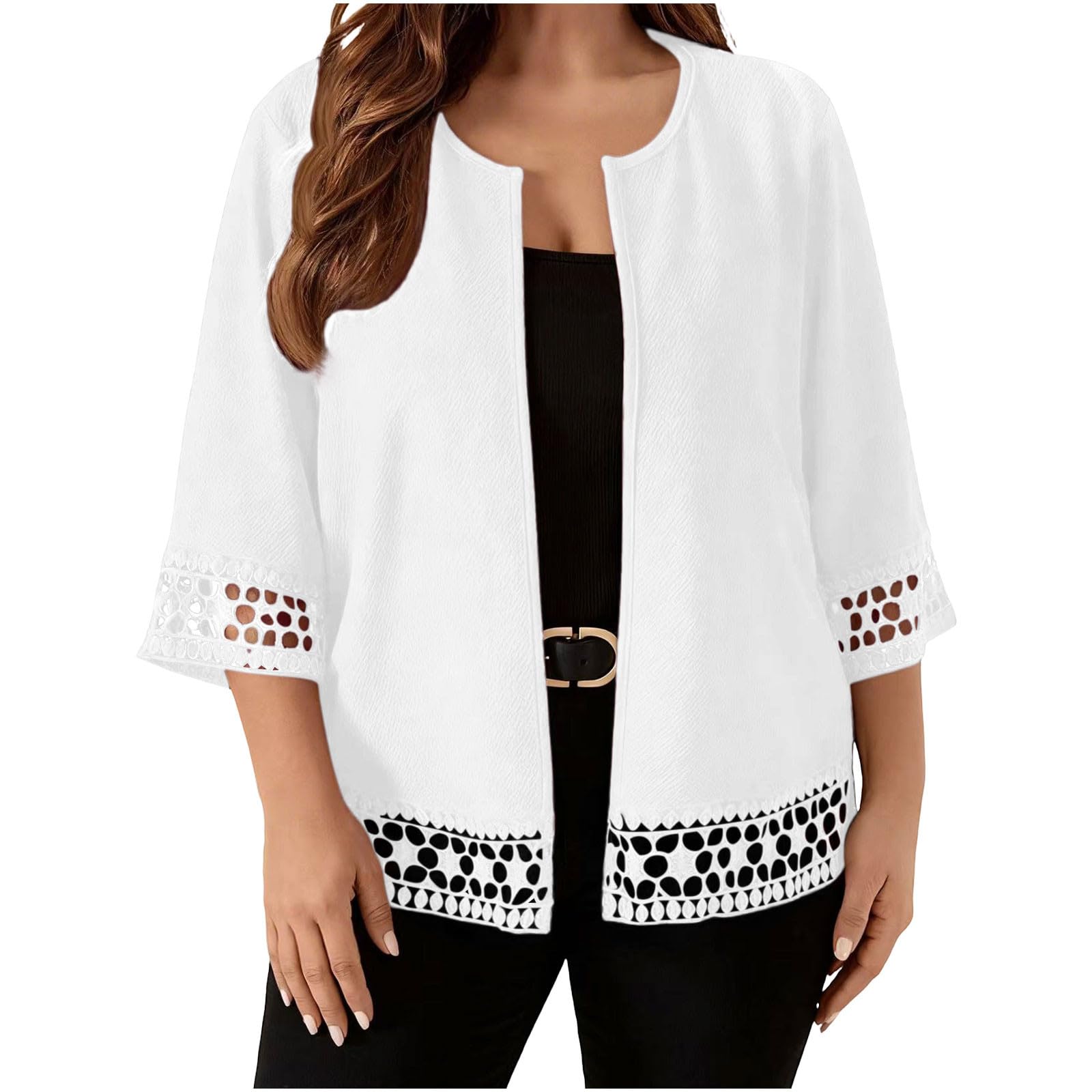 Plus Size Lace Cardigans for Women Open Front 3 4 Sleeve Crew Neck Lightweight Cardigan Elegant Bolero Short