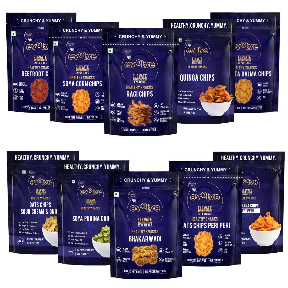 Evolve Combo Healthy Snacks for Kids, Adults | Gluten Free, Baked, Vacuum Fried, Low Calorie, High Protein, Weight Loss Friendly, Crunchy Snack | Pack of 10