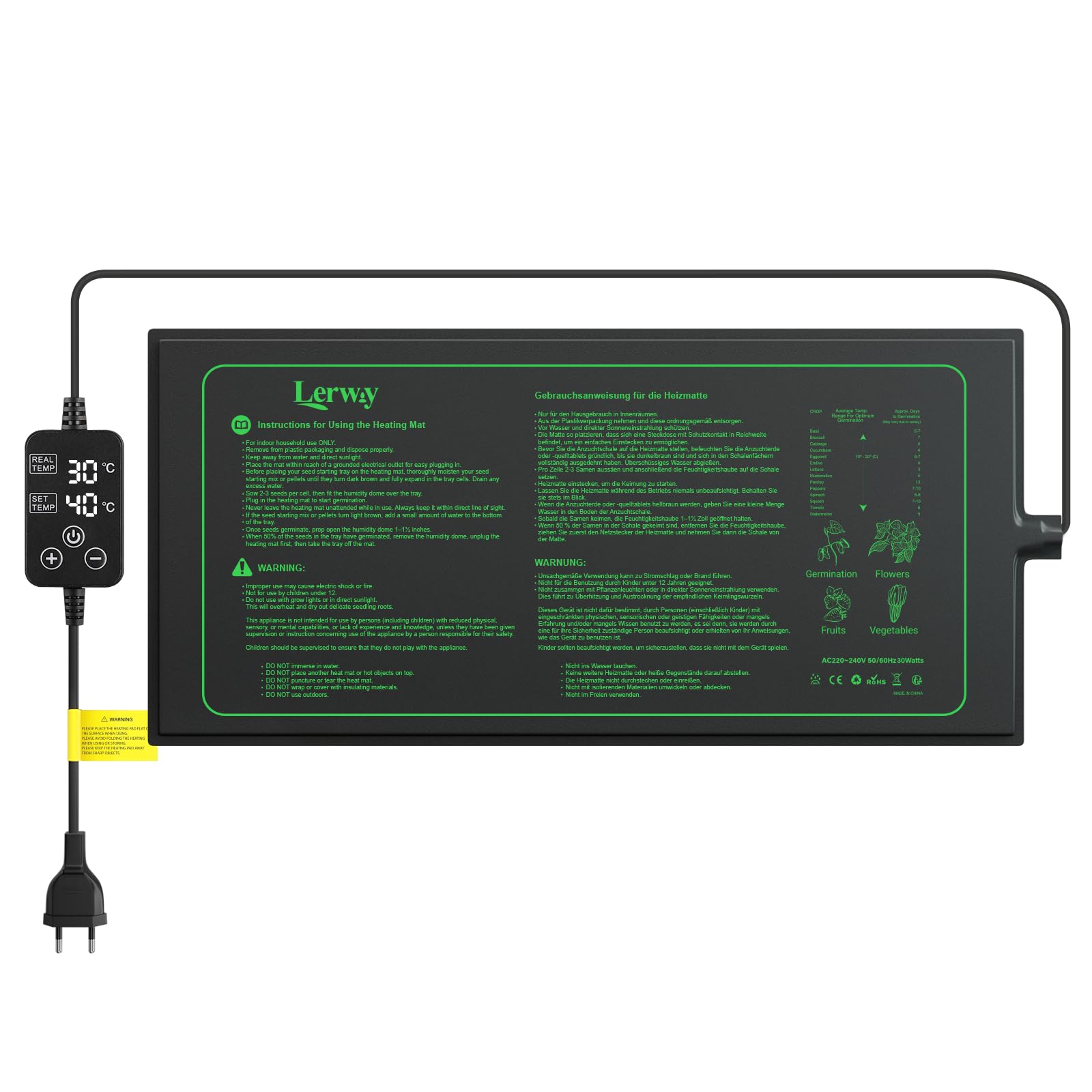 LERWAY Tapis chauffant pour plantes avec thermostat, 30 W, étanche IP67, 25 × 52 cm