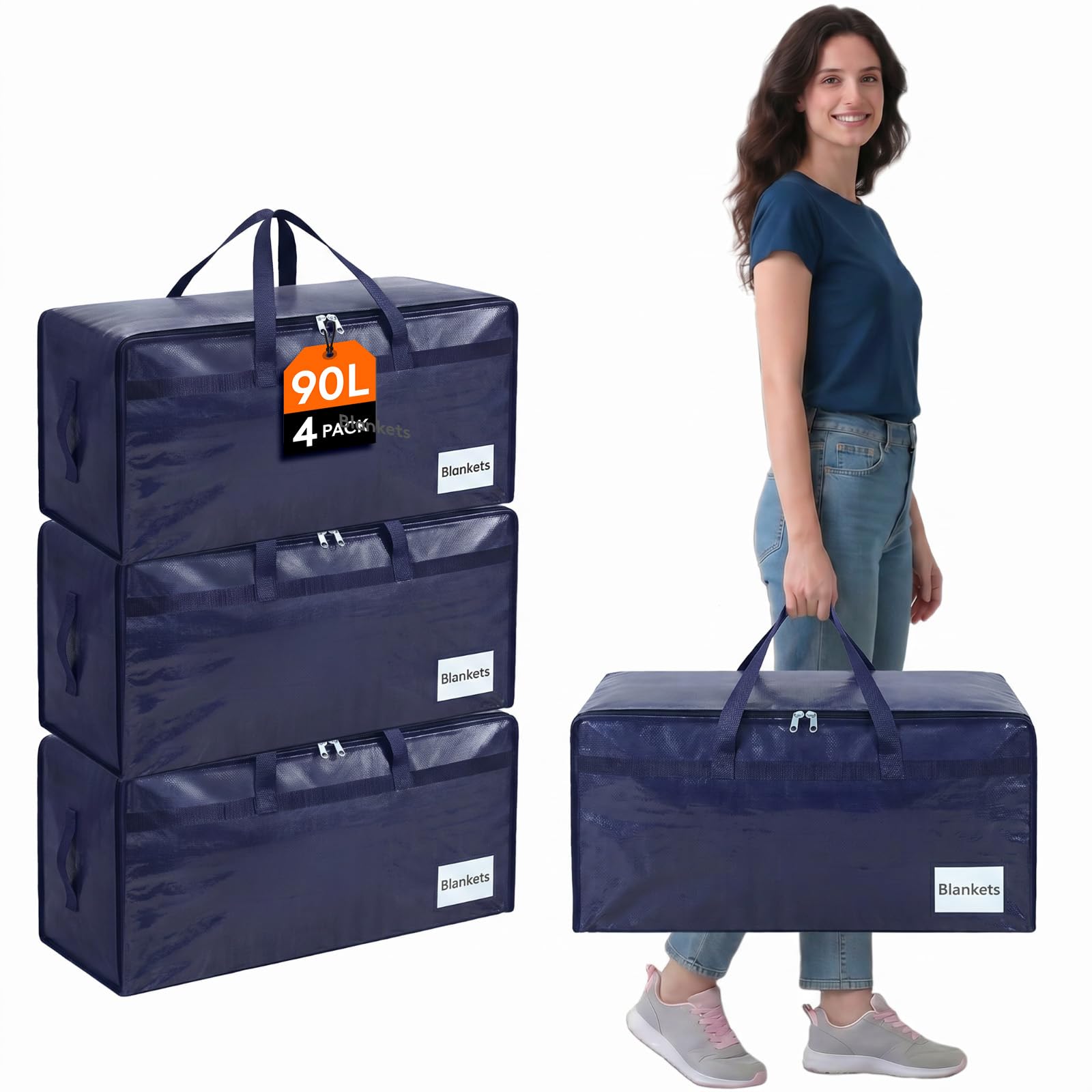 Lifewit Set di 4 Grandi Scatole per Armadio 90 L, Borse Trasloco con Manici, Contenitore Pieghevole per Piumoni, Coperte, Vestiti, Blu