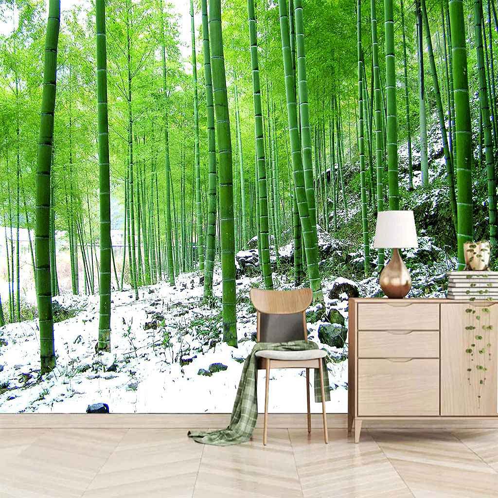 Papier peint canevas 3D bambou vert effet neige 300x210 cm pour décoration de salon et grand mur TV