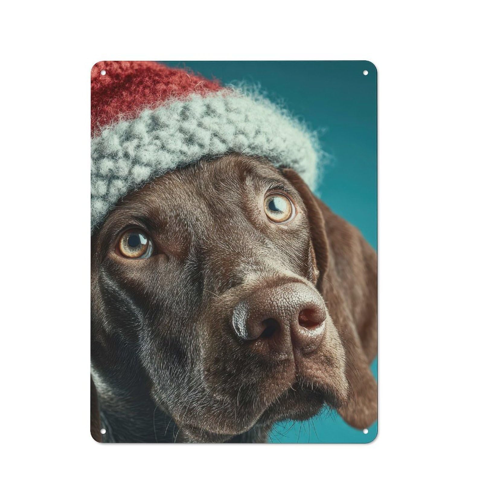Dog with Christmas Hat Portrait Rustic Metal Sign 40x30cm for Workshop Wall, for Collectors of Rustic Metal Wall Decor