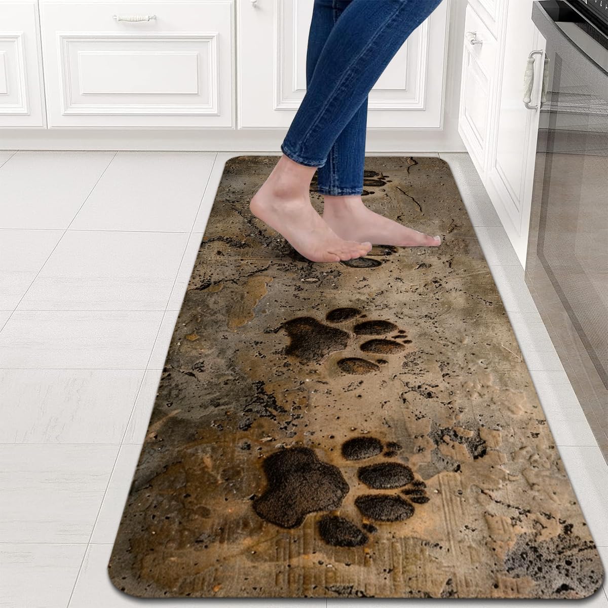 Dog Paw Kitchen Rugs Set of 2, Farmhouse Kitchen Mats with Rubber Backing Non Skid Washable, Pet Lover Gifts (17" x 29 + 17" x 47")
