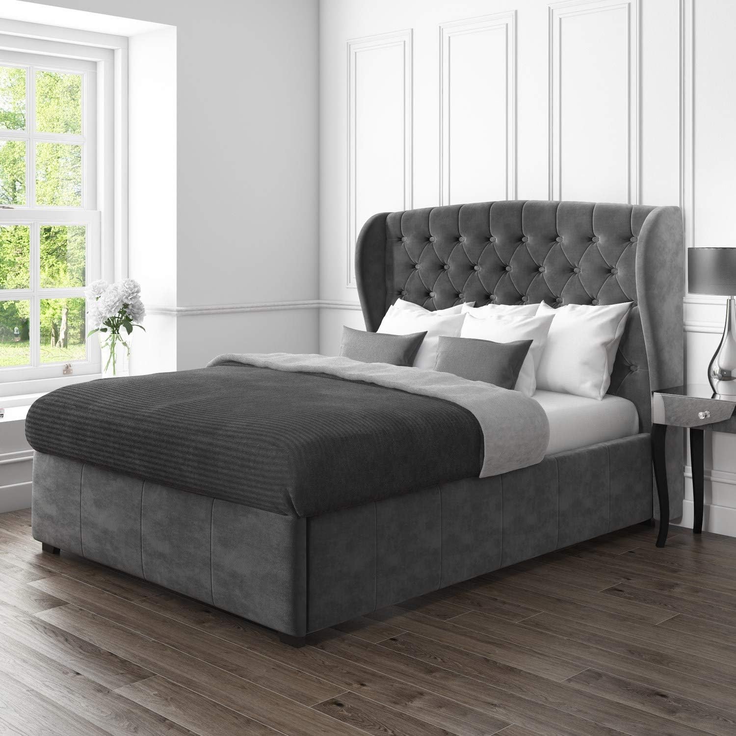 Safina Wing Back King Size Ottoman Bed in Grey Velvet