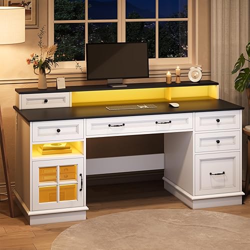 Miniatura 4 de Escritorio ejecutivo de granja con cajones, escritorio para ordenador con cajones de archivo, toma de corriente y luces LED, escritorio ejecutivo de