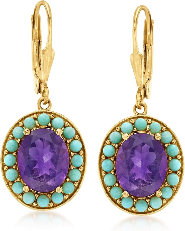 Turquoise and 5.00 ct. t.w. Amethyst Drop Earrings in 18kt Gold Over Sterling