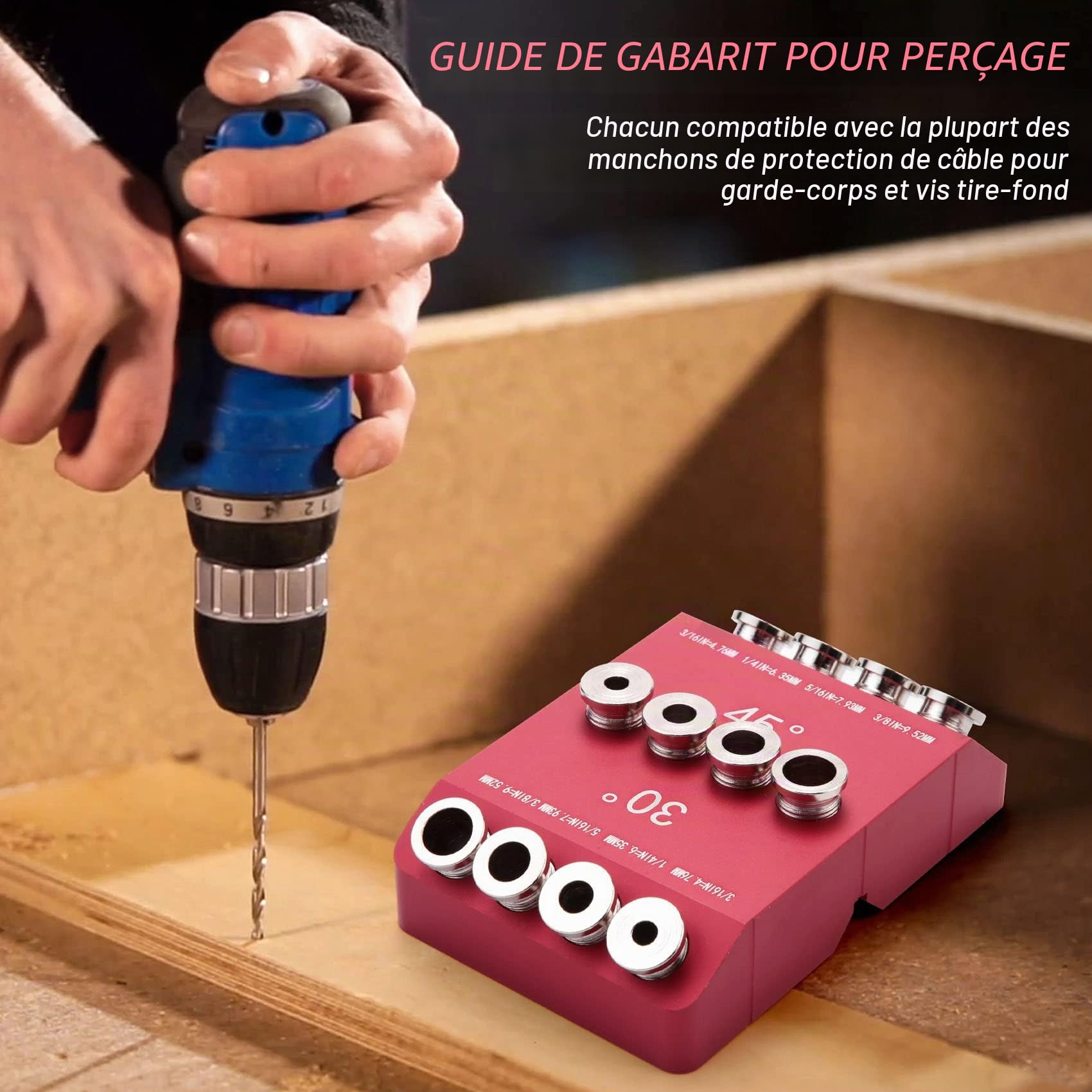 Dima de guide pour trous de forage à angle 30/45/90° pour trous angulaires et droits, Dima de perçage pour retard pour garde-corps pour câbles, 1 pièce