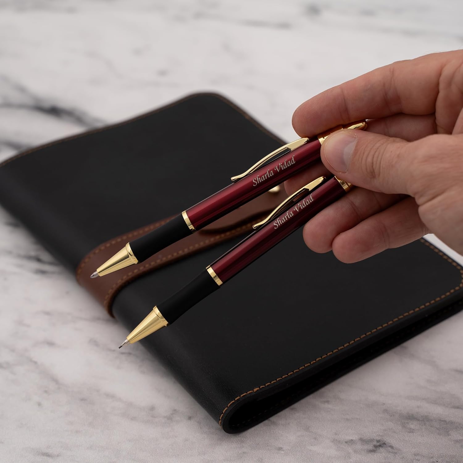 Dayspring Pens Monroe Pen and Pencil Set, Red Lacquer with Gold Trim, Custom Engraved — Graduation, Anniversary, Retirement, or Business Gift