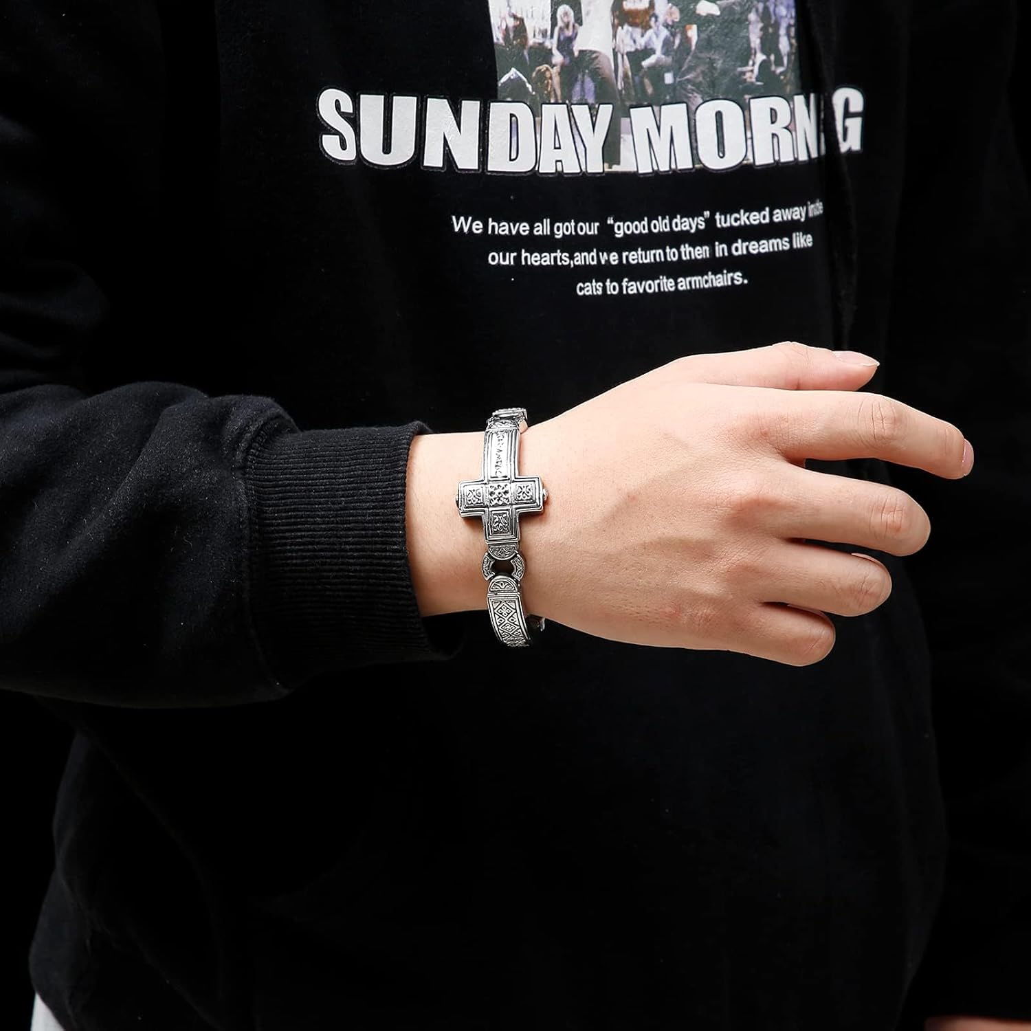 Mens Cross Stainless Steel Bracelet Vintage Retro Punk Cross Bracelet for Men, 8.66" Gothic Jewelry with Polished Engraved Design Men's link for Men - Image 3