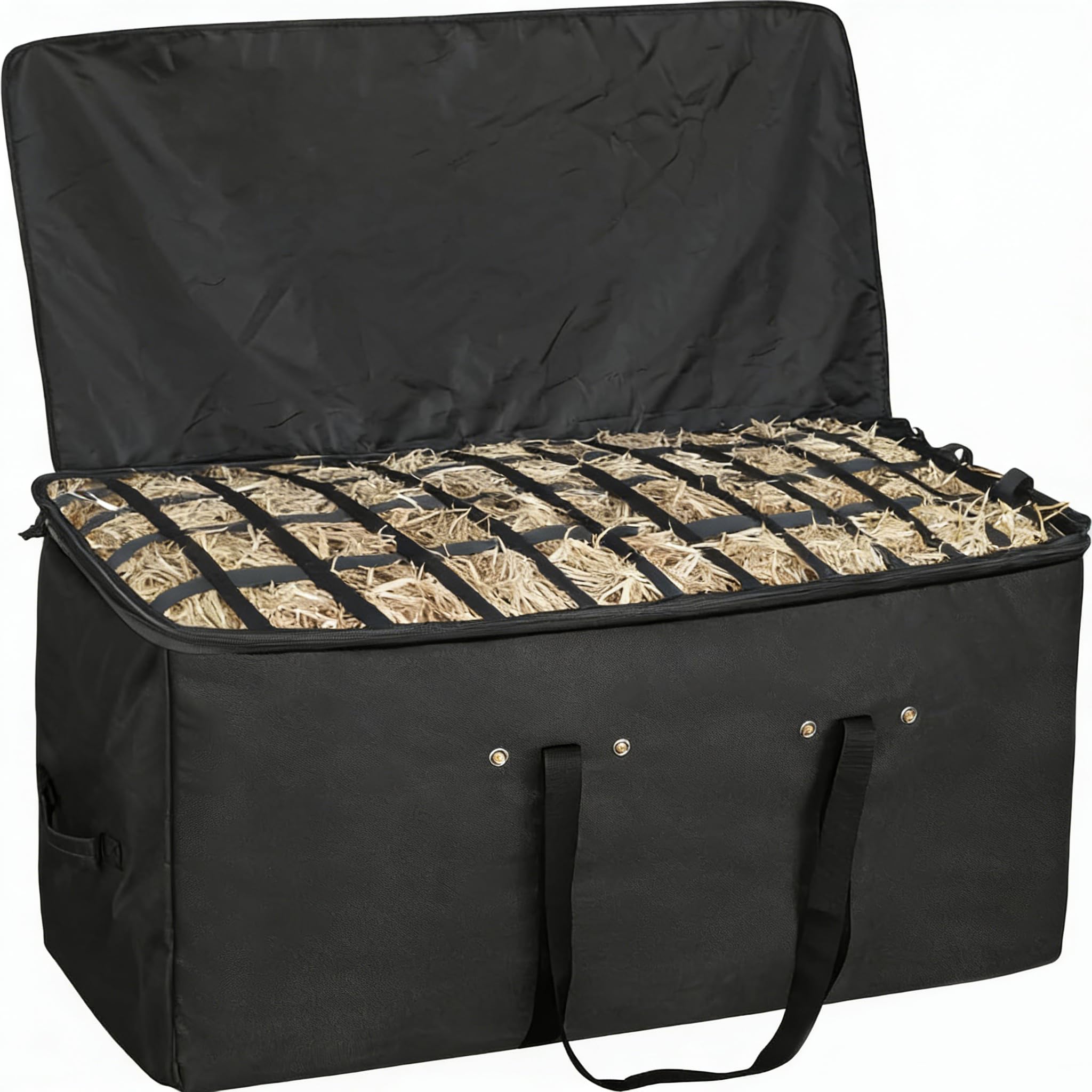Heunetz für Pferde,Heusack,extra große Heutasche (112x46x56 cm) mit Slow-Feed-Deckel f. Pferde,Ziegen,Schafe& Esel–Hochwertige,schwer entflammbare Oxford-Stoff Aufbewahrungstasche (Schwarz)