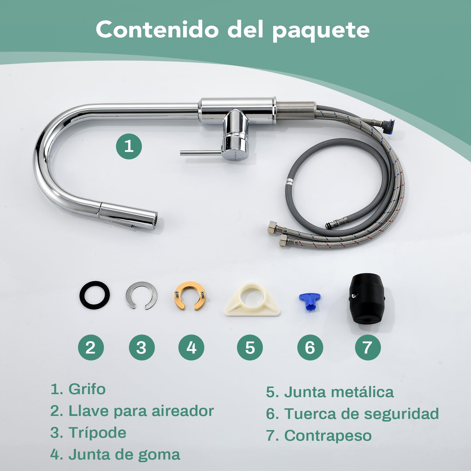 Grifo de Cocina con Cabezal Rociador Extraíble, Grifo de Fregadero, Giro de 360°, Dos Funciones de Rociado,Acero Inoxidable, Cromado