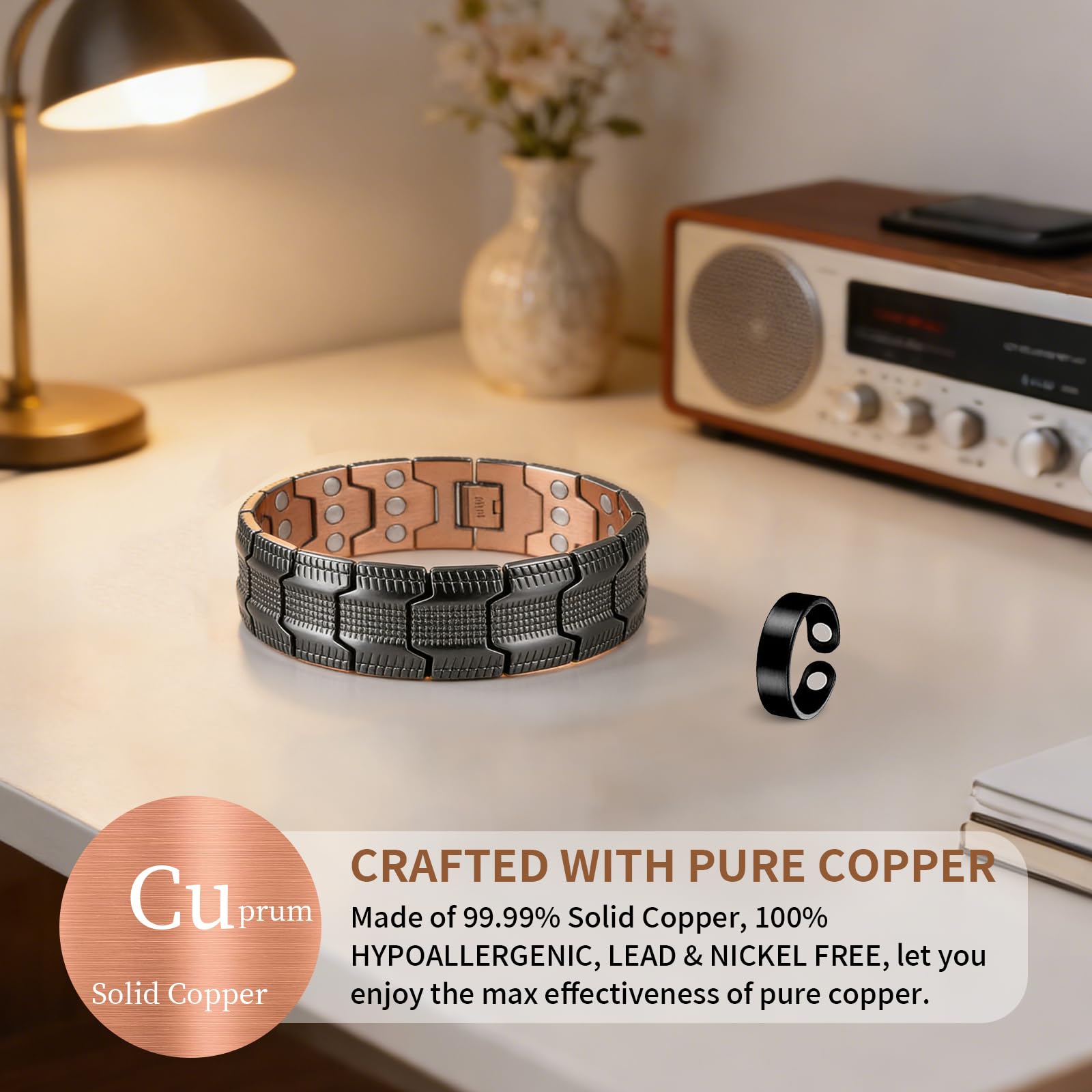 Pulsera de cobre para hombres, pulsera de hombres con 3X fuerza magnética ajustable de 3500 Gauss — view 5