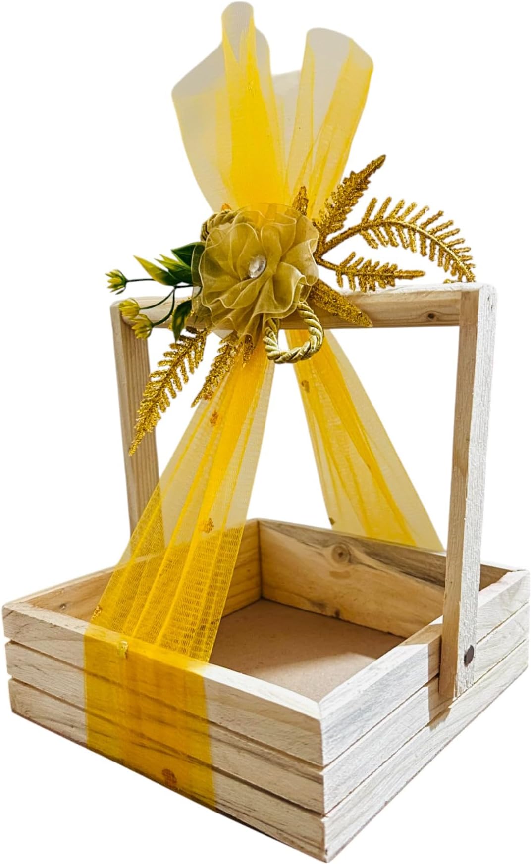 Vayu Art & Crafts Small Pine Wood Empty Gift Hamper Basket with MDF Base, Elegant Semi-Transparent Net Covering and a Charming Organza Flower- 8x8x2.5 Inches (20x20x5.7 cm)