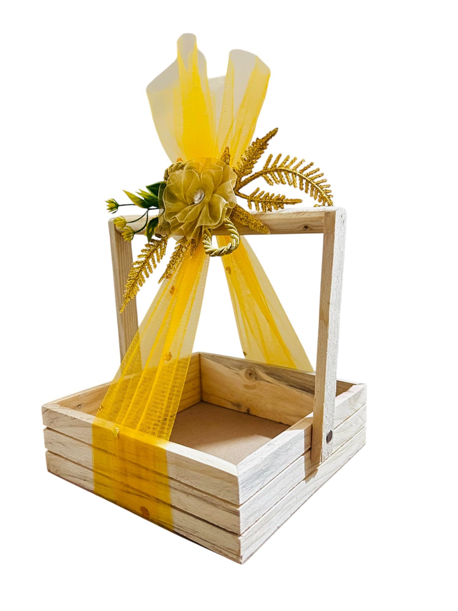 Vayu Art & Crafts Small Size Pine Wood Empty Gift Hamper Basket MDF Base. 8x8x2.5 Inches (20x20x5.7 CM) with Net and Organza Flower.