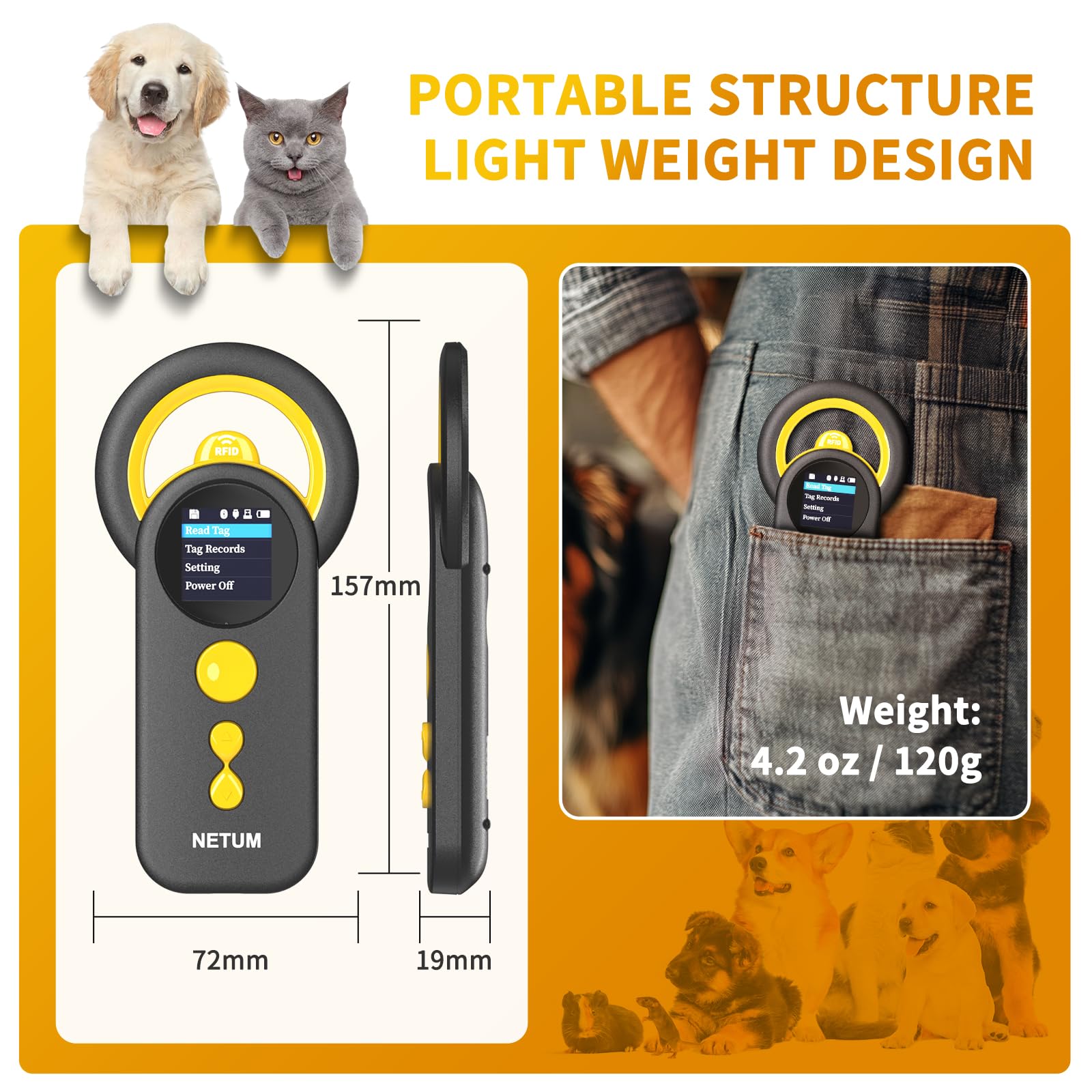 NETUM Lettore di Microchip Bluetooth per Animali Domestici, 3 in 1, Lettore Universale per Microchip con Schermo TFT da 1,44 Pollici, Batteria Ricaricabile da 1200 mAh Memorizza fino a 20000 Record