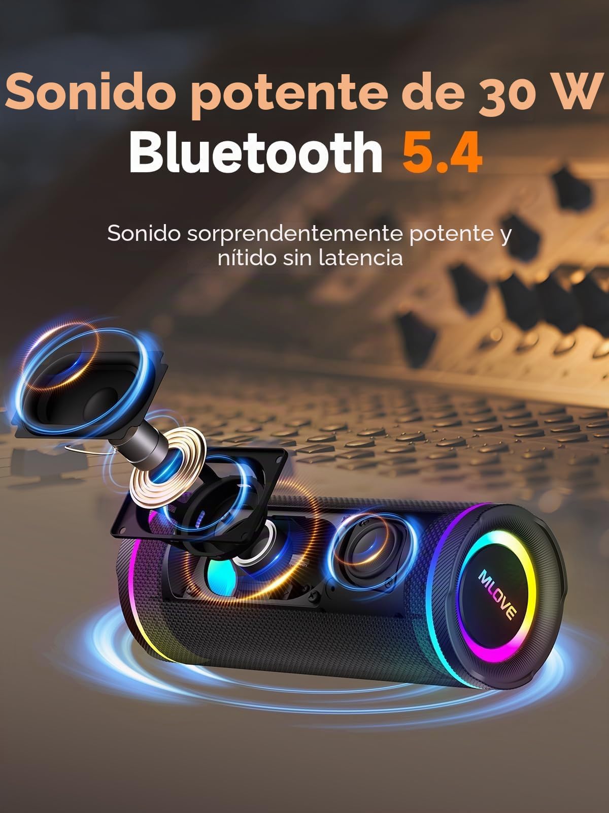MLOVE E80 Altavoz Portátil Bluetooth Inalámbrico Impermeable RGB LED Luz True Wireless Stereo, Bluetooth 5.4, Bass Boost, Micro-SD, Jack 3,5mm, Carga Type C, Negro