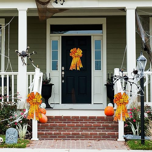 Miniatura 10 de 2 lazos de corona de Halloween, lazos a cuadros de búfalo naranja y negro para corona, lazos rústicos de truco o golosina, para puerta delantera,