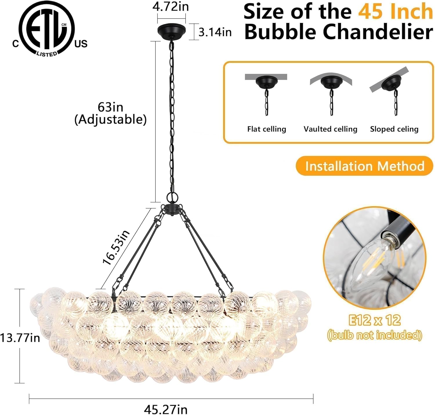 Bubble Chandelier 12-Lights Modern Bubble Ball Chandelier Swirled Clear Glass Globe Pendant Light 45 Inch Dining Room Light Fixture for Living Room, Entryway, Farmhouse