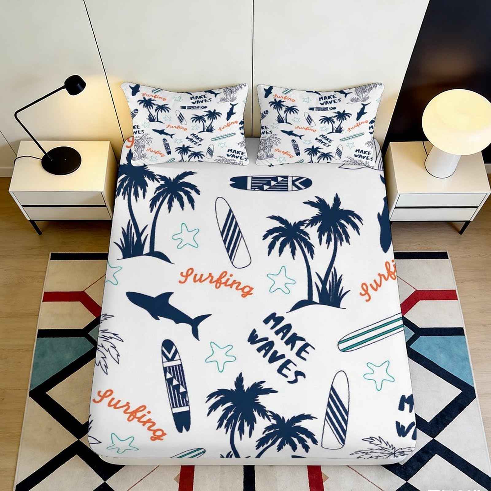 3D Printed Tropical Palm Fitted Sheet Microfiber Soft Beach Surf Shark Mattress Cover for Bedroom Guest Room Decoration 90x200x25cm