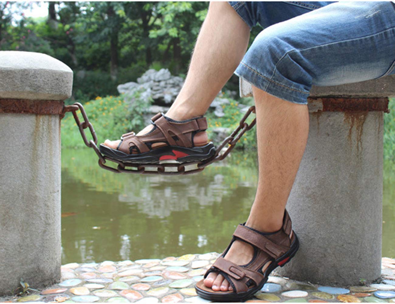 Sandales Homme Cuir de Vachette Bout Ouvert Chaussures de Marche Été en Sandales Sports à Confortable pour Trekking Plage (Kaki, Adulte, Homme, 47, Numérique, Système Taille Chaussures EU, Moyen)