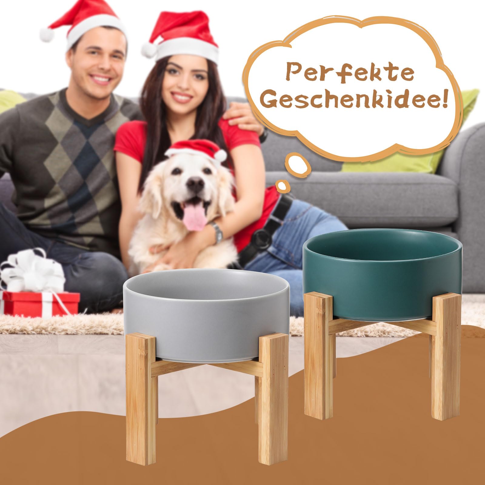Hoch Keramik Hund Futternapf mit Bambus Ständer - Hundefressnapf und Wassernapf futterstation - Extra große Kapazität Haustier Futternapf-1800 ML - Schwerer Hundenapf für Grosse Hunde