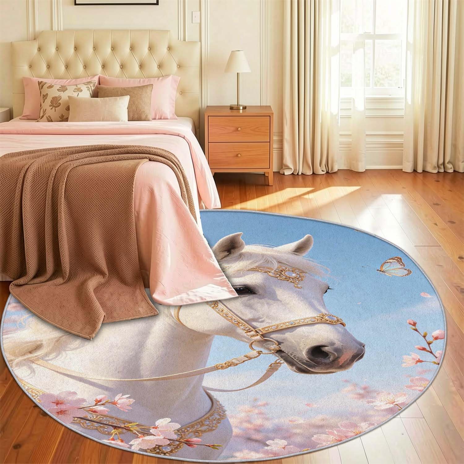 Tapis Rond Cheval 120 cm, Tapis Salon 3D Chevaux Poil Ras Lavable en Machine Antidérapant Doux Descente de Lit Chambre pour Cuisine, Chambre d'enfant, Bureau YDT2886