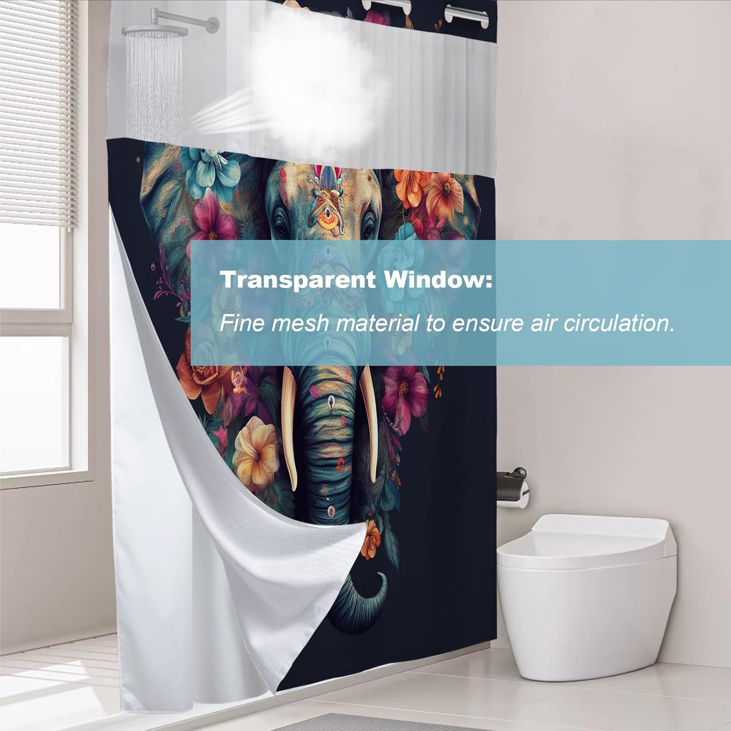 Cute Elephant Shower Curtain for Bathroom, Waterproof Waffle Floral Kids Animal Shower Curtain with Snap in Fabric Liner Set, Heavy Duty Shower Curtains Hotel Spa Luxury Polyester 72Wx74H No Hook