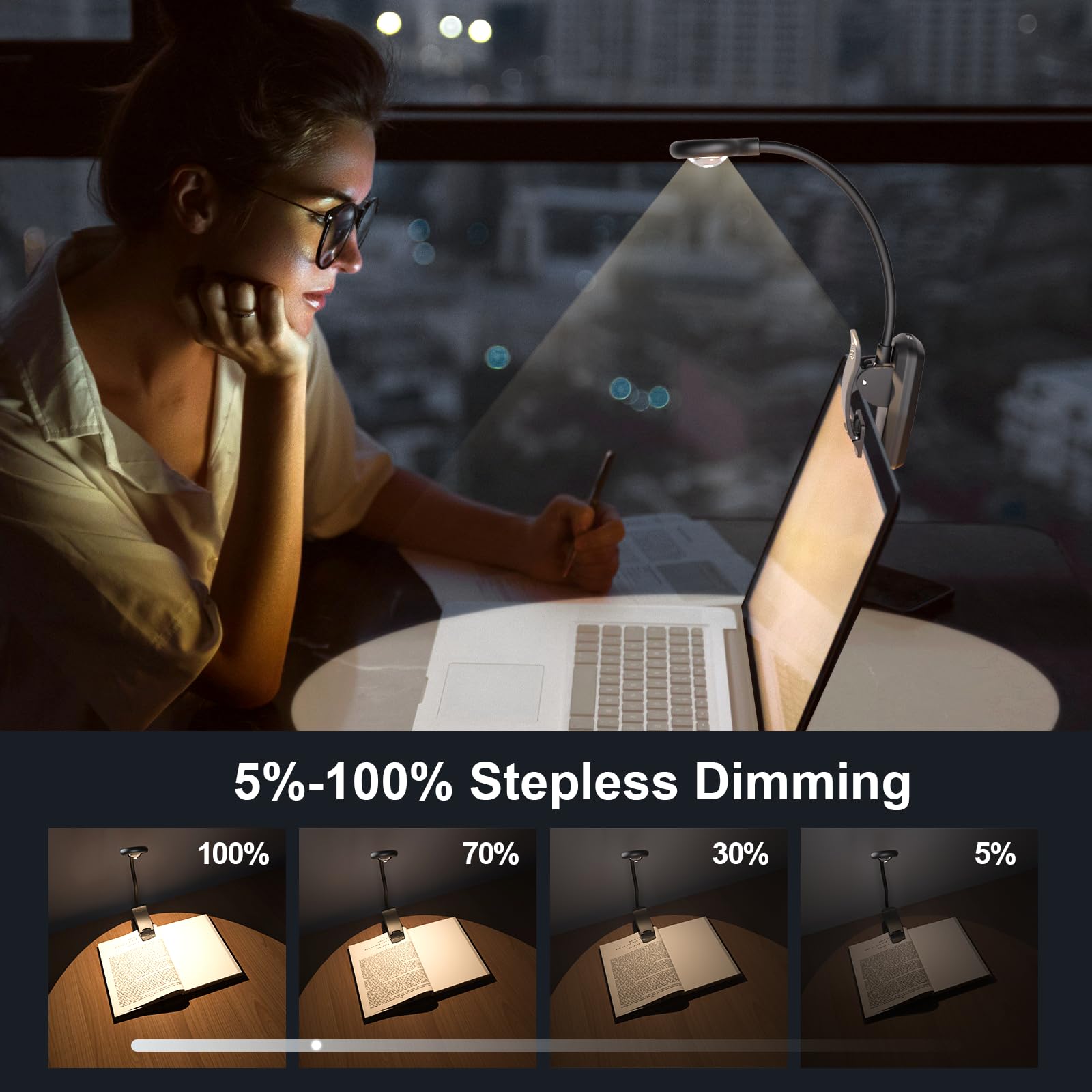Book Light for Reading in Bed, Rechargeable Reading Light Clip On Book Light, 5 Color Temperatures Dimming Brightness 10-100% Small Eye Caring Round Spotlight LED Book Lamp, Gifts for Father's Day