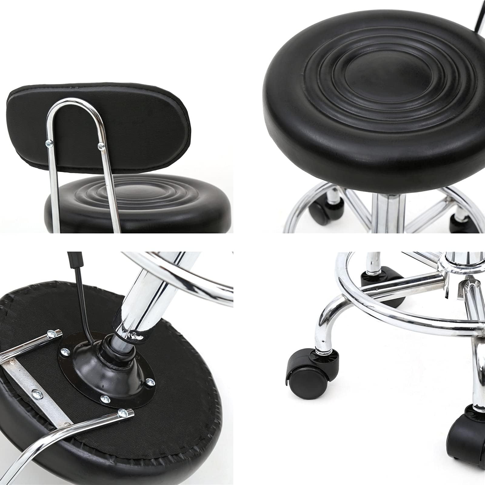 Taburete con Ruedas, Taburete Ergonómico con Respaldo, Giro de 360 Grados, Altura Ajustable de 48 a 58 cm para Oficina, Salón, Bar, SPA (1, Negro)
