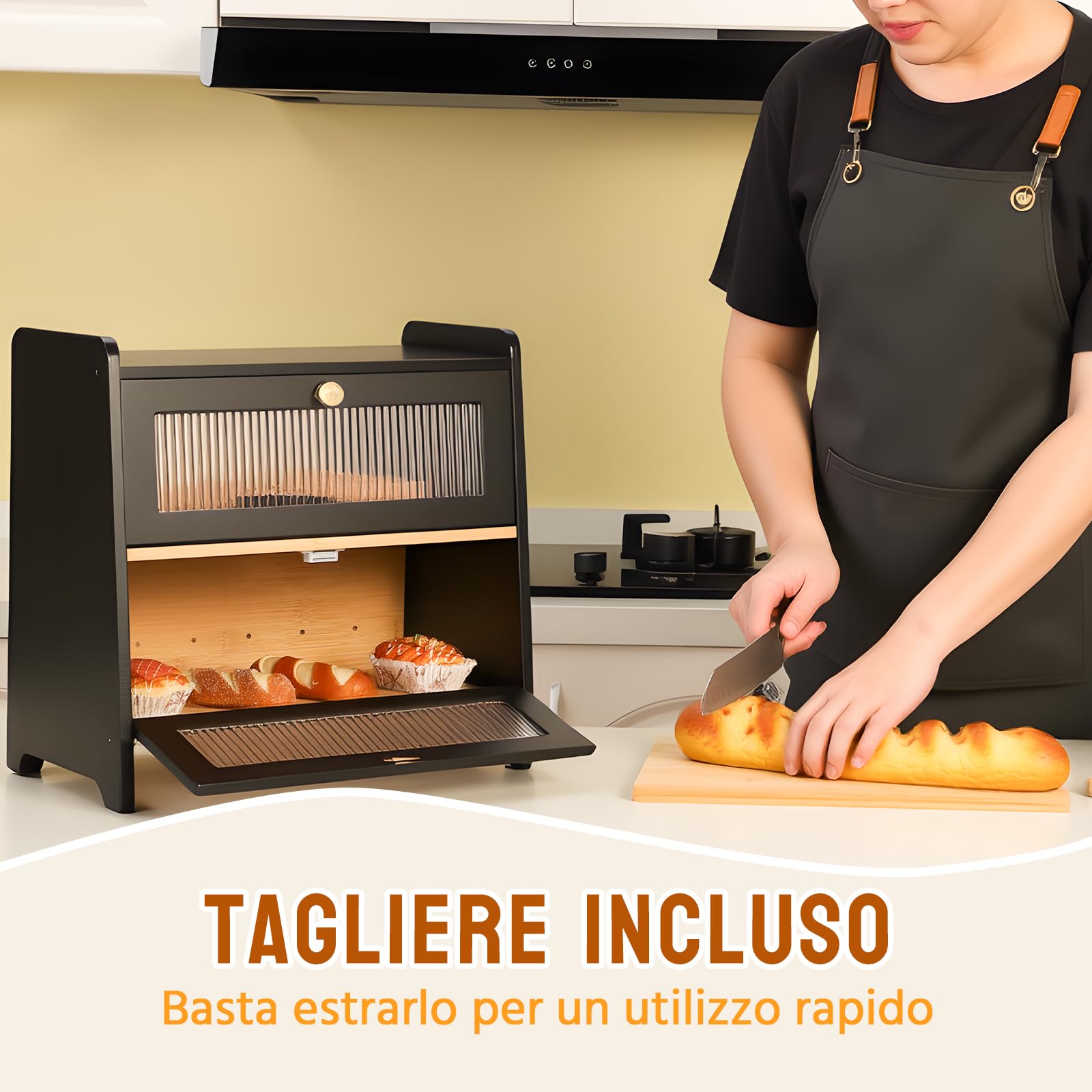 HAUSPROFI Scatola per il Pane in Bambù 2 Ripiani, Scatola per Pane in Legno con Tagliere, Ventilazione, Finestra Ondulata Trasparente, Elegante, 40x25x40cm Grande, Nera