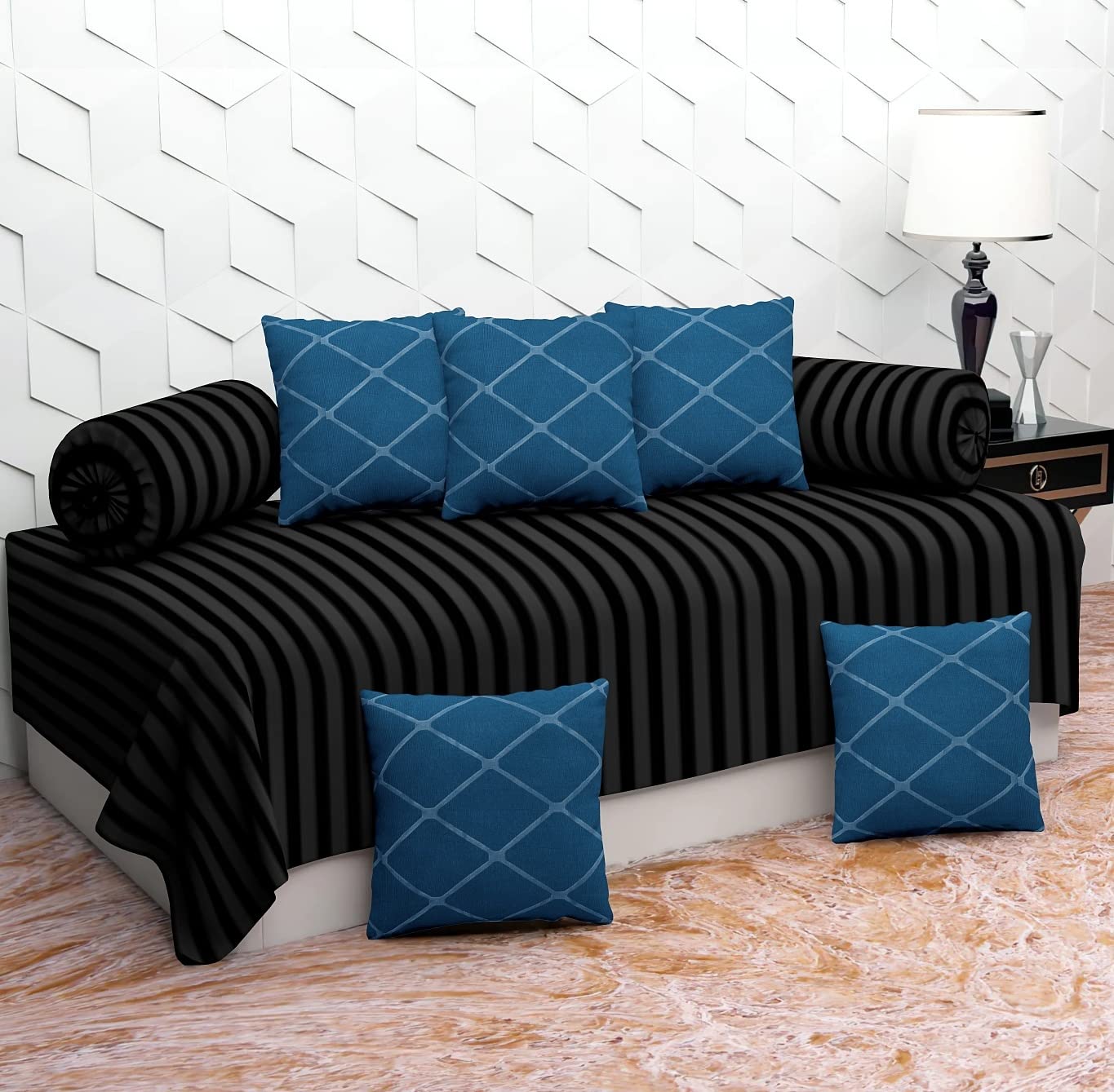 200TC Diwan Set Cotton 8 Piece | Deewan Printed Bedsheet Sets for Living Room Hall (Set of 8 Piece, 1-Bed Sheet 60x90 Inch | 2-Bolster Cover 16x32 Inch | 5-Cushion Cover 16x16 Inch)(AW-09)-image-16